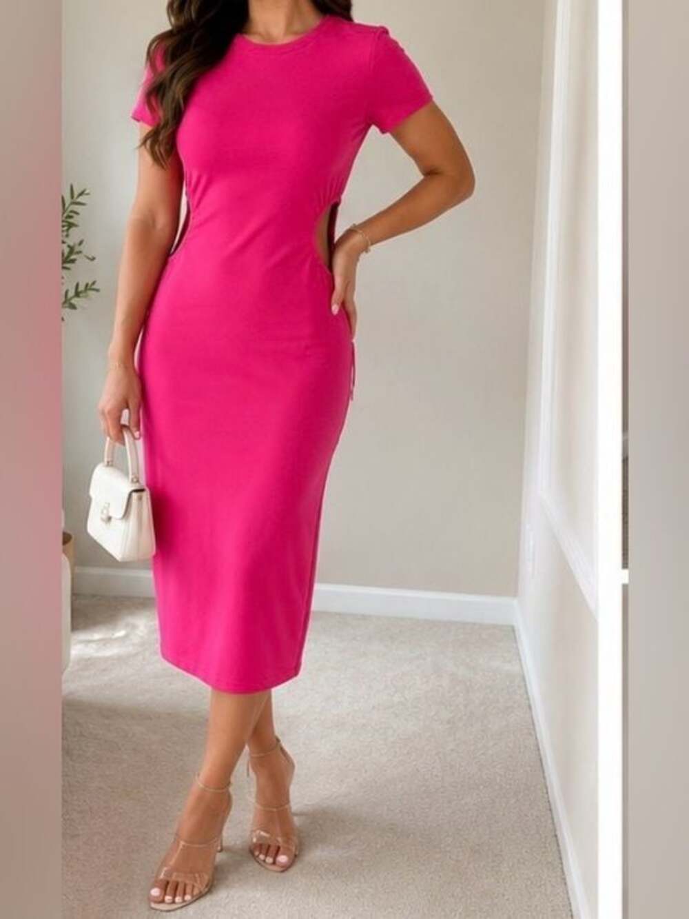 FORE Cut Out Midi Dress Pink Size M Short Sleeve Side Tie Bodycon